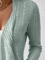 Open Front Long Sleeve Cardigan in mint green, featuring a textured knit pattern and a cozy, relaxed fit.