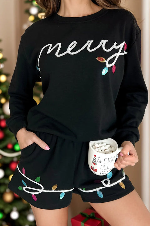 MERRY Sequin Lounge Set featuring a cozy black top and shorts with festive designs, perfect for holiday gatherings.
