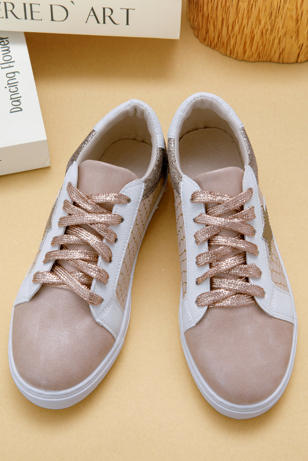 Stylish gold glitter star patchwork PU leather lace-up sneakers with shiny rose gold laces and soft beige accents.