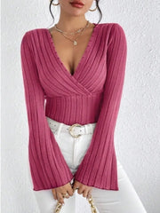 Ribbed Flare Sleeve Top in pink with a deep v-neck and flared sleeves, perfect for stylish casual wear.
