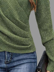 Close-up of a woman wearing a Surplice Long Sleeve Knit Top in green with ribbed detailing and a stylish silhouette.