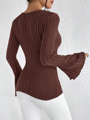 Ribbed Flare Sleeve Top – Slim Fit Knit in brown with flared sleeves and ribbed texture, perfect for chic outfits.