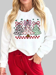 White Christmas Tree Graphic Sweatshirt styled with red lounge pants — perfect for Christmas mornings and cozy nights