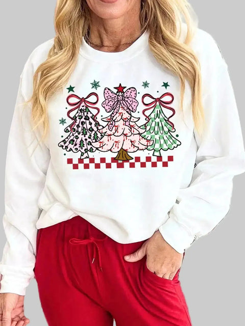 White Christmas Tree Graphic Sweatshirt styled with red lounge pants — perfect for Christmas mornings and cozy nights