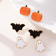 3-Pair Halloween Stud Earring Set with pumpkin, bat, and ghost designs on a stylish display.