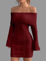 off-shoulder cable knit sweater dress in burgundy with ribbed neckline and long sleeves.