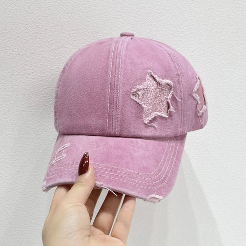 Star Embroidered Baseball Cap in pink with distressed star stitching and adjustable design