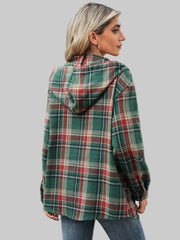 Plaid Hooded Drawstring Top - Stylish back view showcasing the cozy plaid pattern and functional drawstring hood.