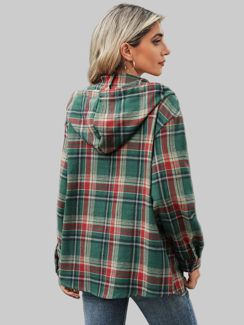 Plaid Hooded Drawstring Top - Stylish back view showcasing the cozy plaid pattern and functional drawstring hood.
