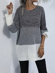 Color Block Round Neck Oversized Sweater in gray and white, showcasing a cozy yet chic design with a relaxed fit.