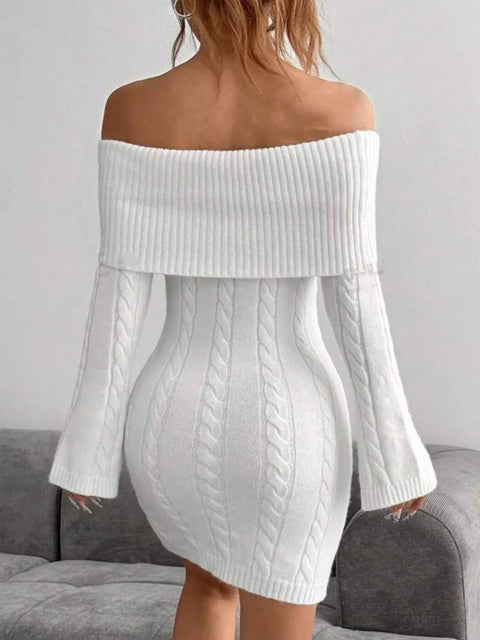 off-shoulder cable knit sweater dress in white with ribbed fold-over neckline and cozy fit.