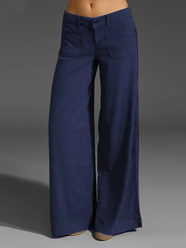 Plus Size Wide Leg Pants with Pockets – Full Length Comfort Fit in navy, featuring a relaxed silhouette and pockets.