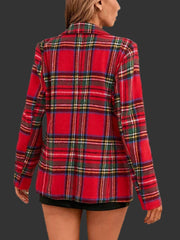 Back view of Plaid Single-Button Blazer showcasing vibrant red and green plaid pattern for winter style.