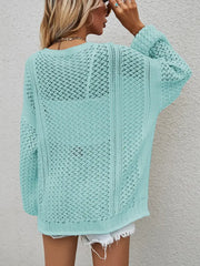 Openwork Button Front Cardigan in mint green, showcasing openwork design and relaxed fit, perfect for layering.