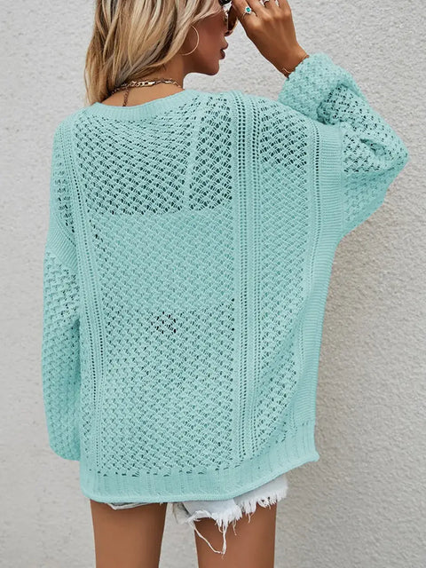 Openwork Button Front Cardigan in mint green, showcasing openwork design and relaxed fit, perfect for layering.
