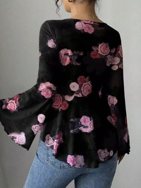 Floral Tie-Front Blouse featuring a back view with fluttery flare sleeves and a black floral print design.