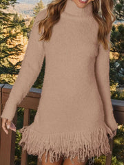 Cozy Fringe Turtleneck Sweater Dress – Long Sleeve Knit worn outdoors with playful fringe hem and long sleeves.