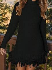 Cozy Fringe Turtleneck Sweater Dress – Long Sleeve Knit in black with fringe hem, perfect for chilly days.