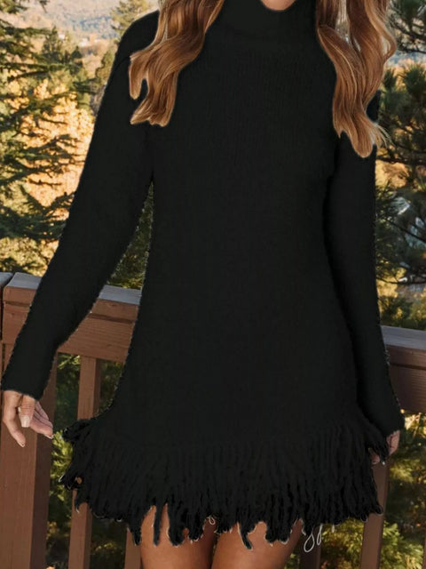 Cozy Fringe Turtleneck Sweater Dress – Long Sleeve Knit in black with fringe hem, perfect for chilly days.