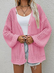 Openwork Button Front Cardigan in pink, featuring openwork design and relaxed fit, styled with a tank top and shorts.