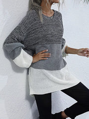 Color Block Round Neck Oversized Sweater in gray and white, featuring a relaxed fit and soft texture.