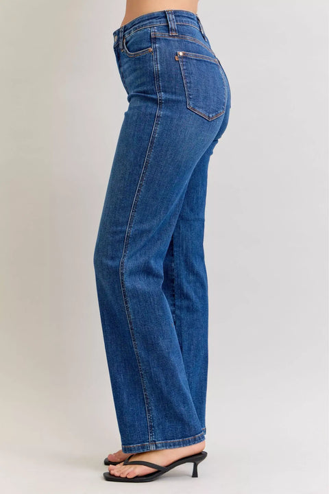 Judy Blue High-Waist Straight Leg Jeans – Tummy Control side view, showcasing the fit and denim texture.