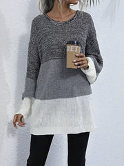 Color Block Round Neck Oversized Sweater in grey and white, featuring a relaxed fit and cozy design.
