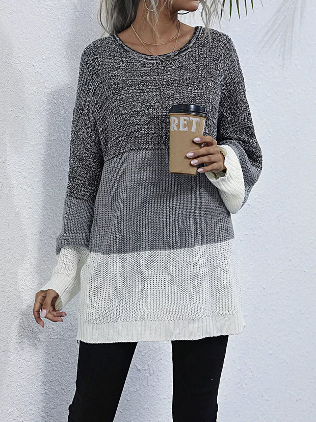 Color Block Round Neck Oversized Sweater in grey and white, featuring a relaxed fit and cozy design.
