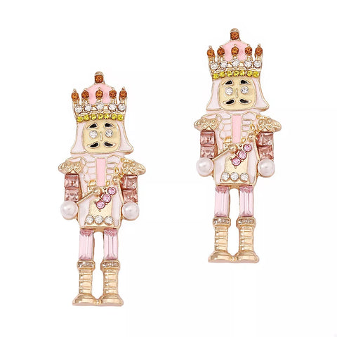 18K Gold Pearl Rhinestone Earrings Colorful nutcracker figure earrings adorned with rhinestones and pearls, bringing festive elegance to your holiday outfit.
