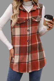 Plaid Button-Up Vest Coat in orange plaid with button-front, perfect for layering and adding elegance.