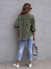 Distressed Fringe Denim Jacket-army-green-back-view.jpg