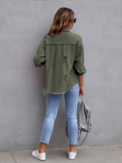 Distressed Fringe Denim Jacket-army-green-back-view.jpg