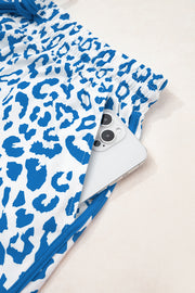 Blue Leopard Elastic Waistband Lace up Contrast Trim Casual Shorts