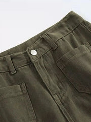 Plus Size Wide Leg Pants with Pockets – Full Length Comfort Fit, featuring a button and side pockets.