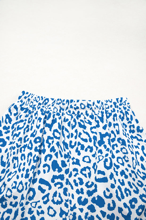 Blue Leopard Elastic Waistband Lace up Contrast Trim Casual Shorts