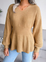 V-Neck Dropped Shoulder Sweater in camel color featuring ribbed texture and peplum design, perfect for casual wear.