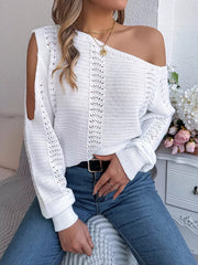 One-Shoulder Openwork Cutout Long Sleeve Sweater – Chic Knit Pullover in white, styled with jeans and accessories.
