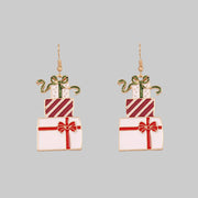 Stacked Gift Box Christmas Earrings featuring colorful stacked present charms with bows and glitter accents.