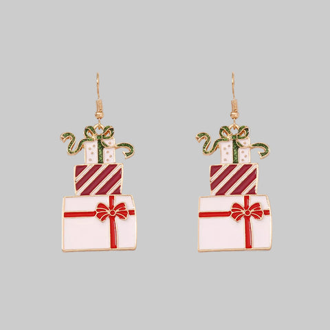 Stacked Gift Box Christmas Earrings featuring colorful stacked present charms with bows and glitter accents.