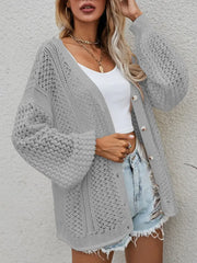 Openwork Button Front Cardigan in light gray, showcasing stretchy fabric and stylish button details.
