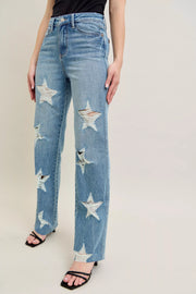 Judy Blue Plus Size High Waist Magic Star Destroy 90’s Straight Jeans featuring distressed star details and a straight-leg fit.