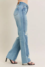 Judy Blue Plus Size High Waist Magic Star Destroy 90’s Straight Jeans side view with star distressing and raw hem