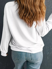 Model wearing a stylish white sweatshirt, showcasing the back view, perfect for casual outings or game day. Game Day Leopard Rugby Graphic Crewneck Sweatshirt.