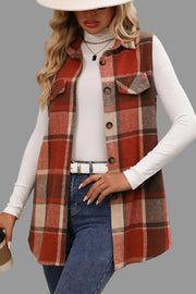 Plaid Button-Up Vest Coat styled with a white top and jeans, showcasing a chic layered look.