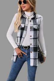 Plaid Button-Up Vest Coat worn over a white top, showcasing a chic and cozy look with sunglasses.