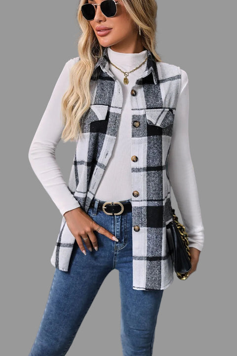 Plaid Button-Up Vest Coat worn over a white top, showcasing a chic and cozy look with sunglasses.