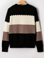 Color Block Drop Shoulder Sweater – Crew Neck Knit featuring a unique black, white, and brown color block design.