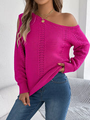 One-Shoulder Openwork Cutout Long Sleeve Sweater – Chic Knit Pullover in vibrant pink paired with denim jeans.