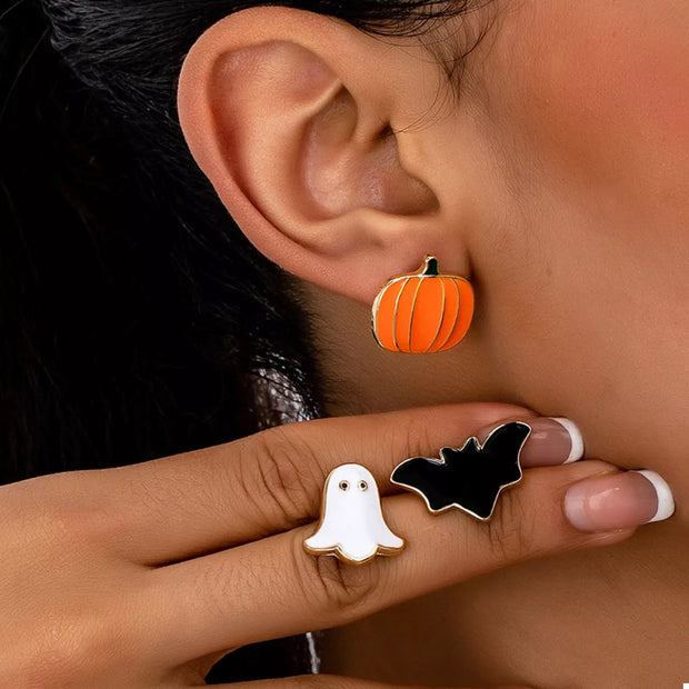 3-Pair Halloween Stud Earring Set featuring pumpkin, ghost, and bat designs for a festive look.