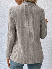 Back view of Open Front Long Sleeve Cardigan in gray, showcasing ribbed texture and relaxed fit.